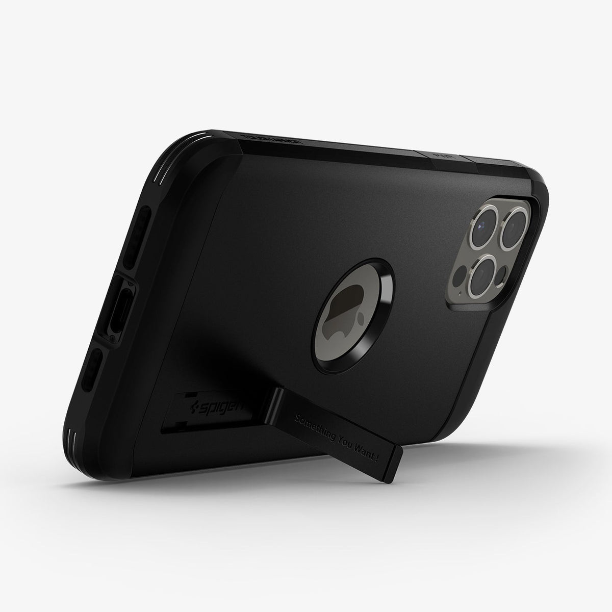 ACS01626 - iPhone 12 Pro Max Case Tough Armor in black showing the back and bottom with device propped up by built in kickstand