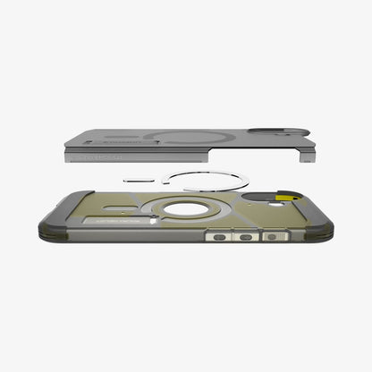 ACS08515 - iPhone 16 Case Tough Armor AI (MagFit) in Frost Black showing the partial back layer detached hovering above the metal ring plate and back of the case