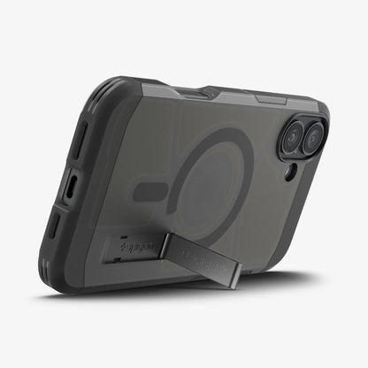ACS08515 - iPhone 16 Case Tough Armor AI (MagFit) in Frost Black showing the back, partial side and bottom with built-in kickstand propped up