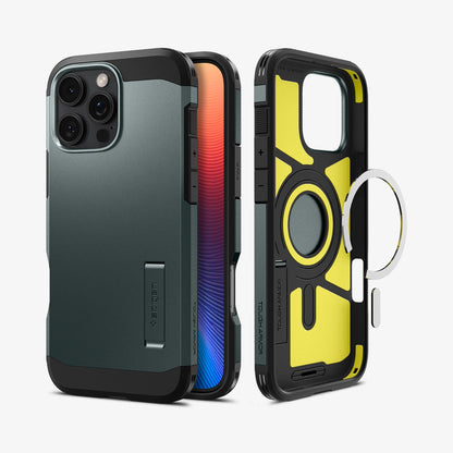 ACS08148 - iPhone 16 Pro Case Tough Armor AI (MagFit) in Abyss Green showing the back, partial sides and front, metal ring plate detached from the inner case