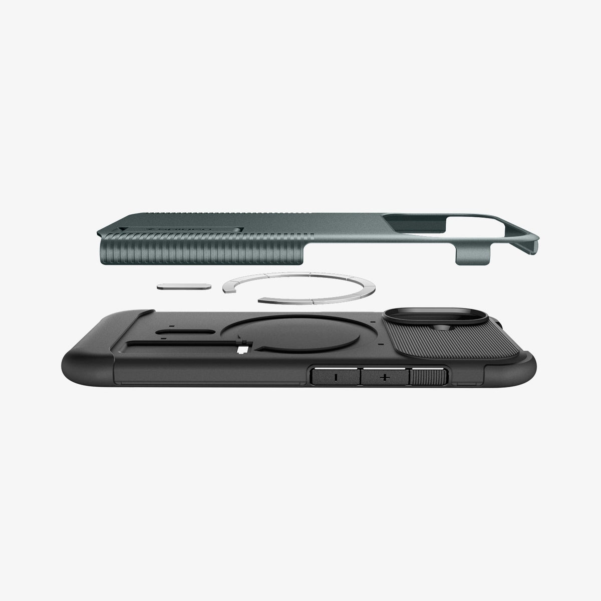 ACS09688 - iPhone 17 Slim Armor (MagFit) in Abyss Green showing the back cover hovering above detached metal ring plate and the back of the case