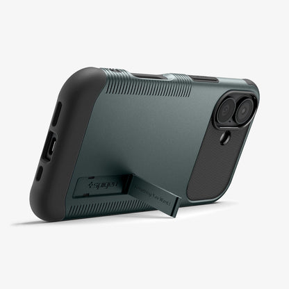 ACS09688 - iPhone 17 Slim Armor (MagFit) in Abyss Green showing the back, partial side and bottom, propped up with a built-in kickstand