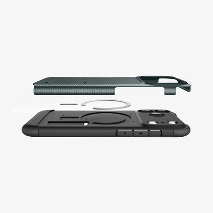ACS09673 - iPhone 17 Pro Max Slim Armor (MagFit) in Abyss Green showing the back cover hovering above detached metal ring plate and the back of the case