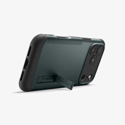ACS09673 - iPhone 17 Pro Max Slim Armor (MagFit) in Abyss Green showing the back, partial side and bottom, propped up with a built-in kickstand