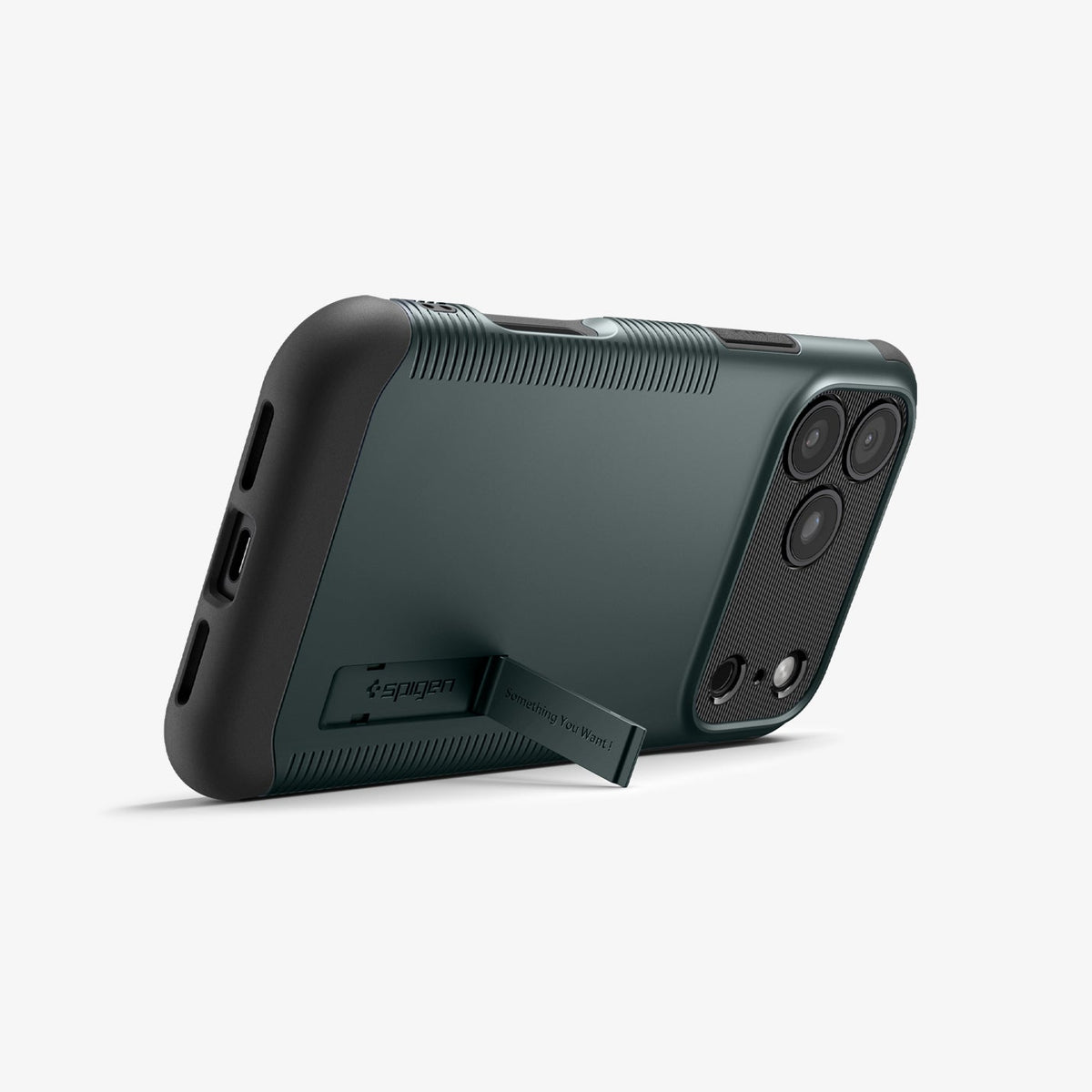 ACS09683 - iPhone 17 Pro Slim Armor (MagFit) in Abyss Green showing the back, partial side and bottom, propped up with a built-in kickstand