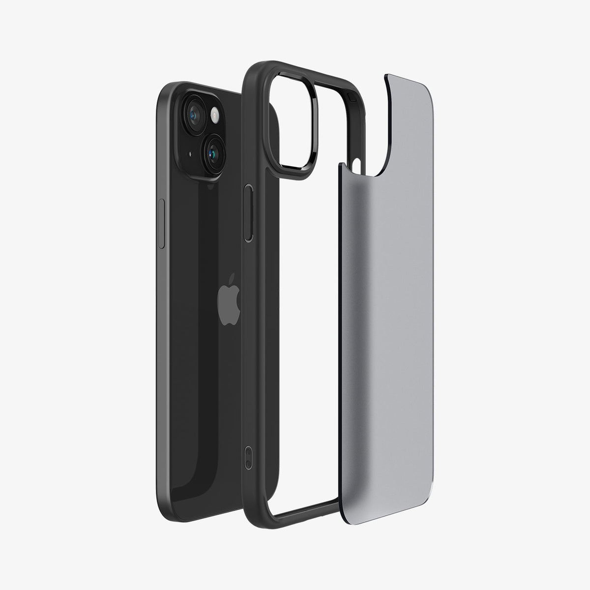 ACS06656 - iPhone 15 Plus Case Ultra Hybrid in frost black showing the back with multiple layers of case hovering away from device