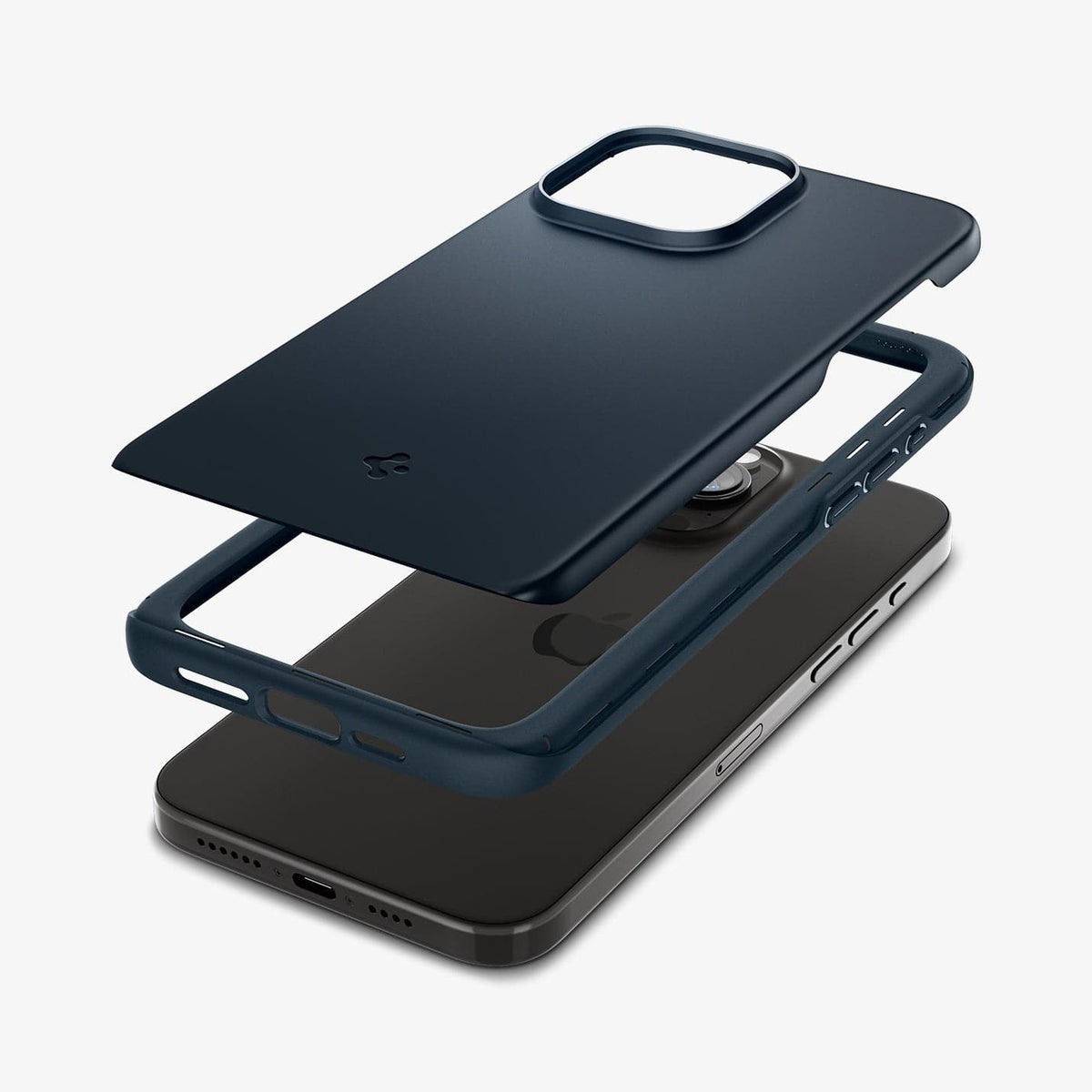 ACS06546 - iPhone 15 Pro Max Case Thin Fit in metal slate showing the multiple layers of case hovering above the device