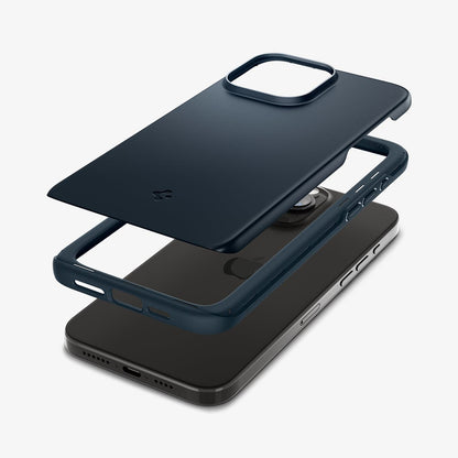 ACS06546 - iPhone 15 Pro Max Case Thin Fit in metal slate showing the multiple layers of case hovering above the device