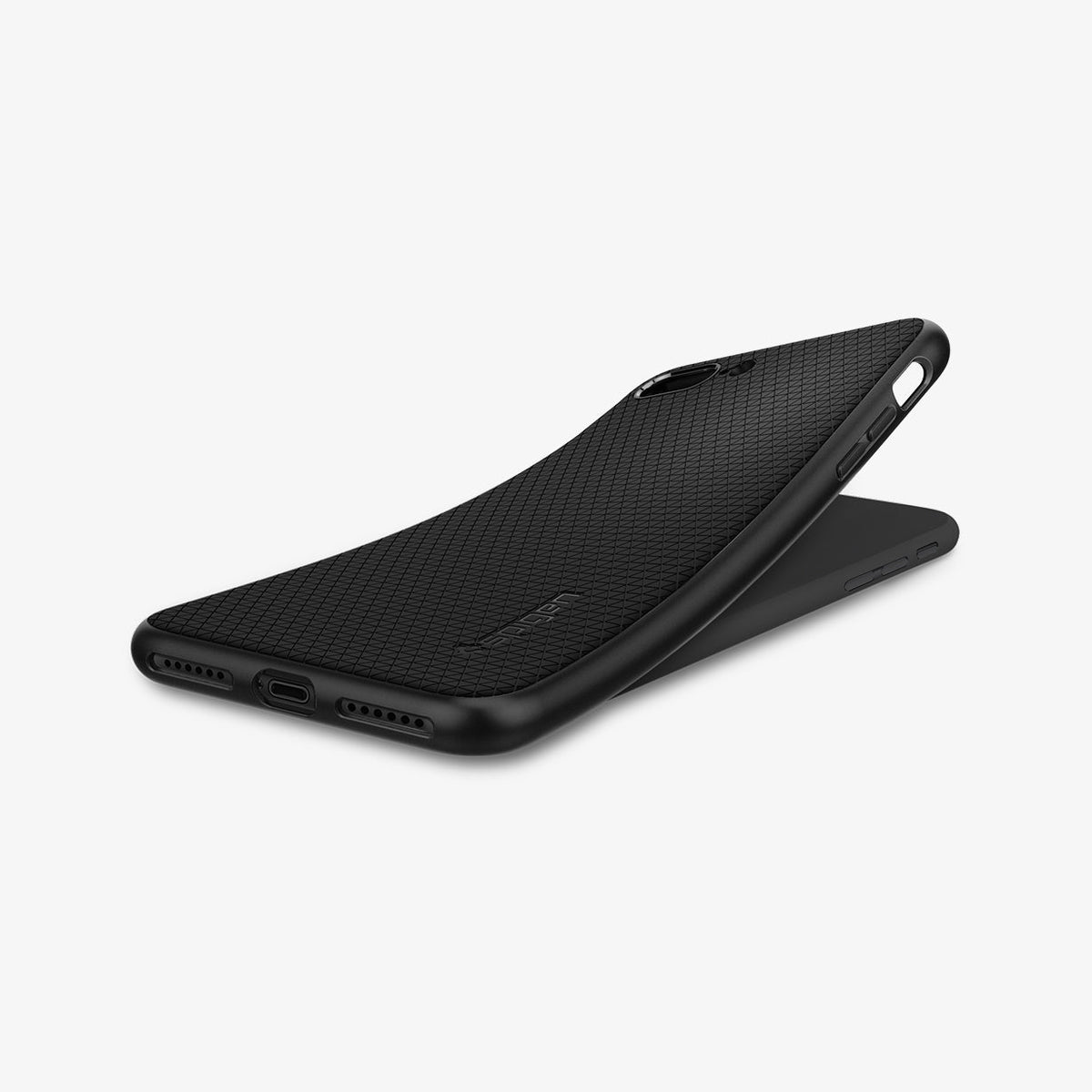 043CS20525 - iPhone 8 Plus Case Liquid Air in Black showing the back and side with case bending away from the device