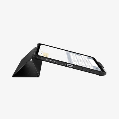ACS05941 - iPad 10.9" Case Ultra Hybrid Pro in speckled black showing the bottom and partial front with device propped up by built in kickstand