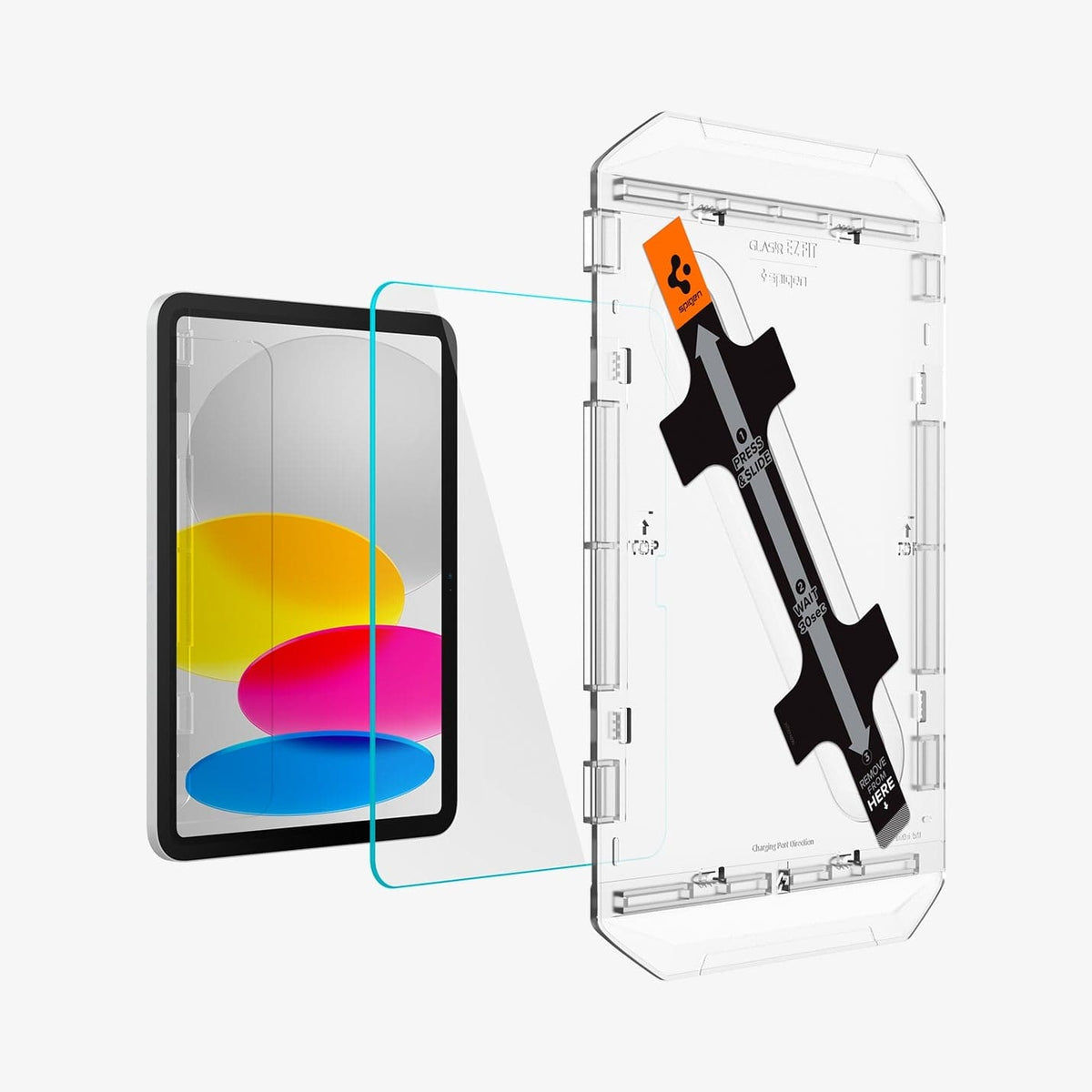 AGL05554 - iPad 10.9" Screen Protector EZ FIT GLAS.tR showing the device, screen protector and ez fit tray