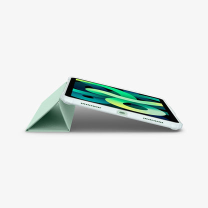 ACS02700 - iPad Air 10.9" (2022 / 2020) Case Ultra Hybrid Pro in green showing the bottom and partial front with device propped up by built in kickstand