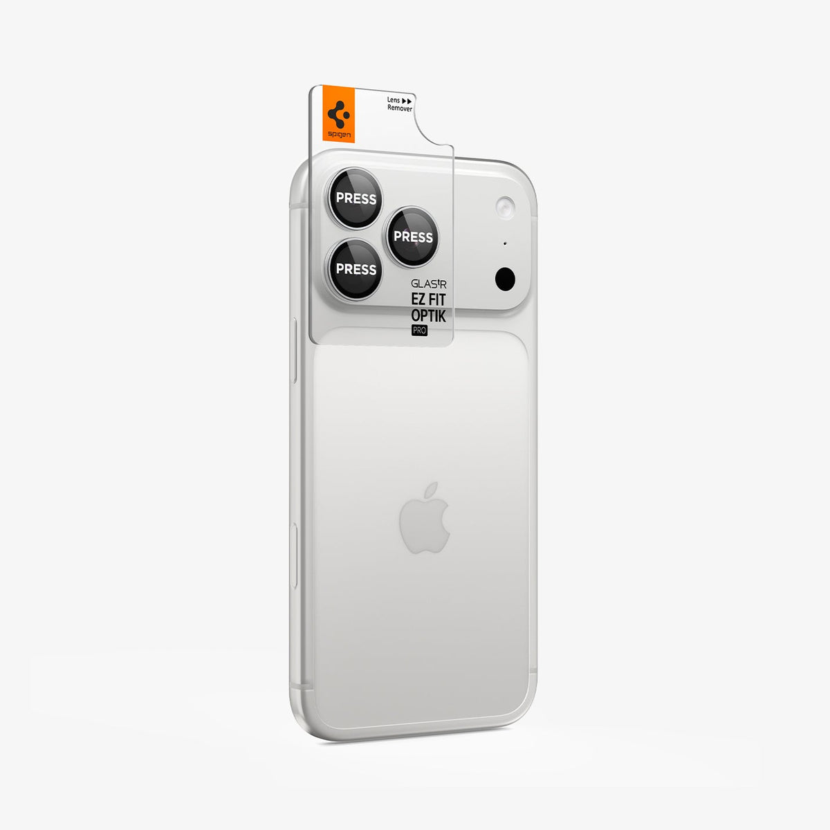 AGL12046 - iPhone 18 Pro Max / iPhone 18 Pro Optik Pro EZ Fit Lens Protector in Silver showing an alignment tray positioned over the camera lenses for precise installation.