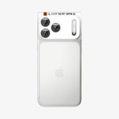 AGL12042 - iPhone 18 Pro Max Optik Pro XL EZ Fit Lens Protector in Silver showing an alignment tray positioned over the camera area for precise installation.