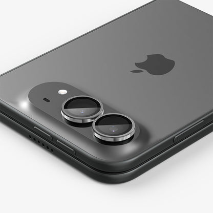 AGL12012 - iPhone Duo Optik Pro EZ Fit Lens Protector in Star White showing a close-up view of the dual camera lenses with individual lens protectors installed