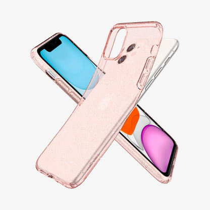 076CS27182 - iPhone 11 Case Liquid Crystal Glitter in rose quartz showing the front, side and back with case bending away from device