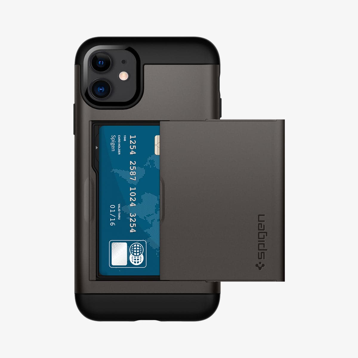 076CS27436 - iPhone 11 Case Slim Armor CS in gunmetal showing the back with card in slot