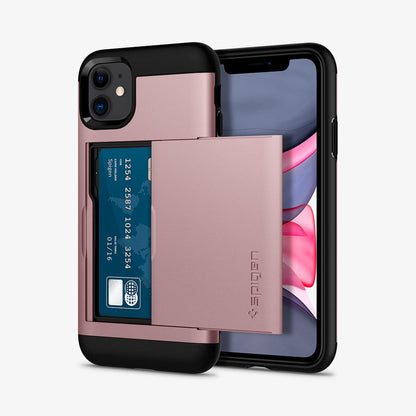 076CS27437 - iPhone 11 Case Slim Armor CS in rose gold showing the back and front with card in slot