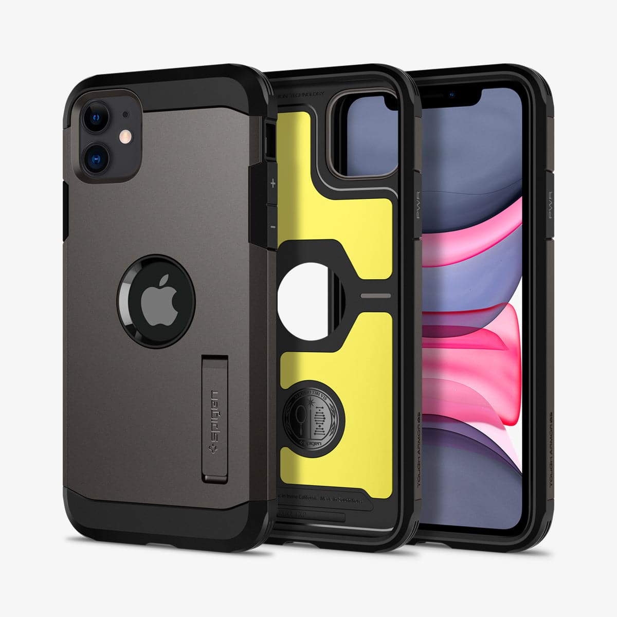 076CS27438 - iPhone 11 Case Tough Armor in gunmetal showing the back, inside and front