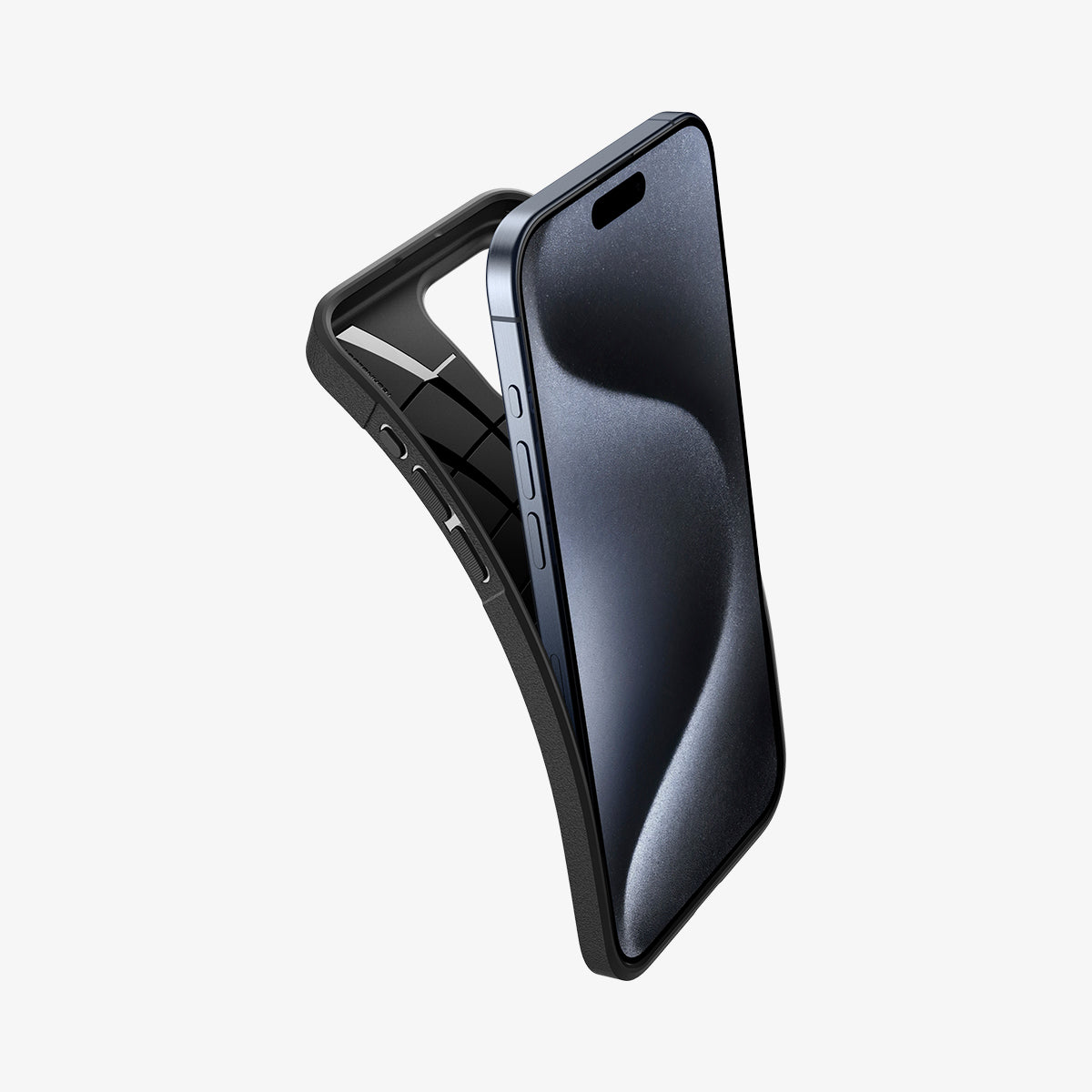 ACS06466 - iPhone 15 Pro Case Core Armor in matte black showing the case bending away from the device
