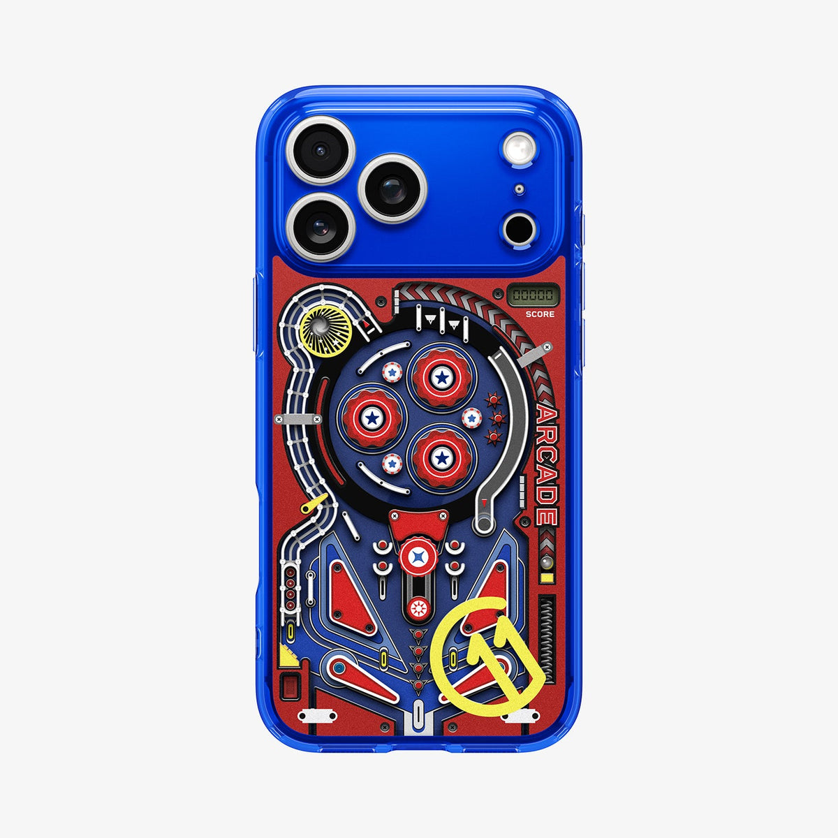 ACS11342 - iPhone 17 Pro Max Arcade case showing full back view with pinball-inspired graphic and glossy blue frame
