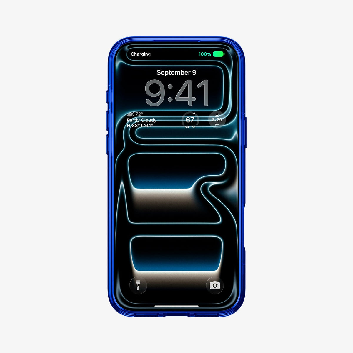 ACS11343 - iPhone 17 Pro Arcade case showing front view with screen on and transparent blue frame