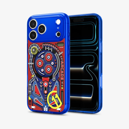 ACS11343 - iPhone 17 Pro Arcade case showing front and back view with pinball-inspired graphic and transparent blue frame