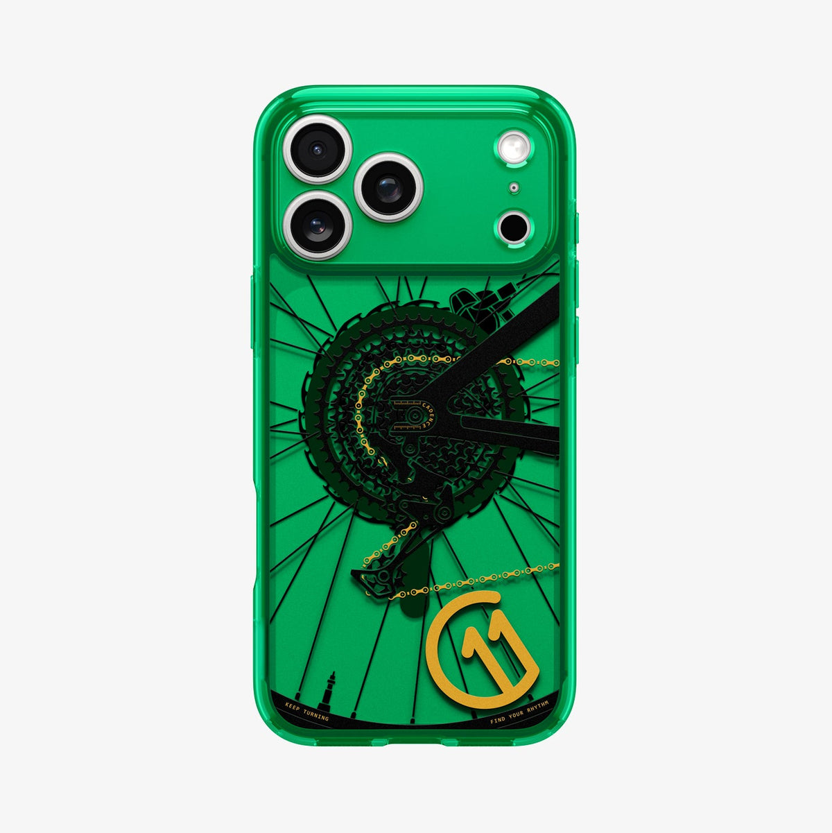 ACS11650 - Spigen Cadence C11 green iPhone 17 Pro Max case flat back view with bicycle gear and chain graphic