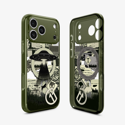 ACS12049 - Spigen Phantom C11 olive green iPhone 17 Pro Max case with UFO and conspiracy newspaper collage graphic, front and back view