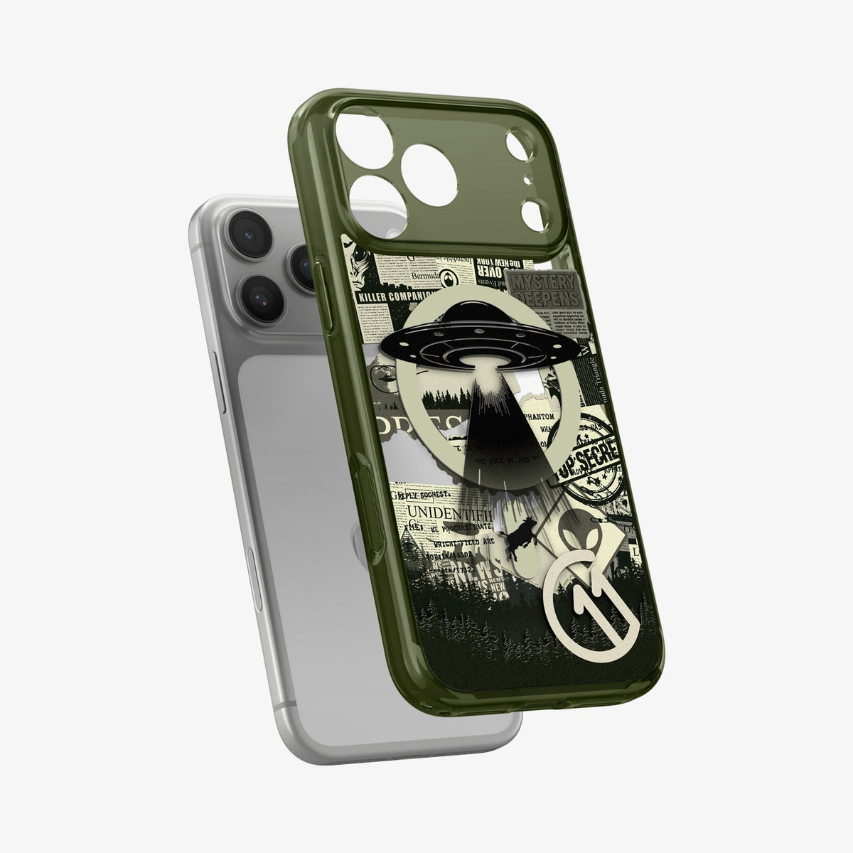 ACS12049 - Spigen Phantom C11 olive green iPhone 17 Pro Max case with UFO collage design shown off iPhone