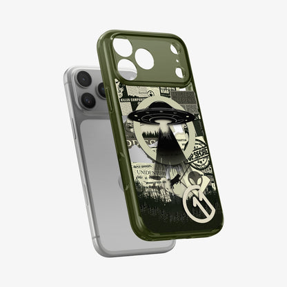 ACS12050 - Spigen Phantom C11 olive green iPhone 17 Pro case with UFO collage design shown off iPhone