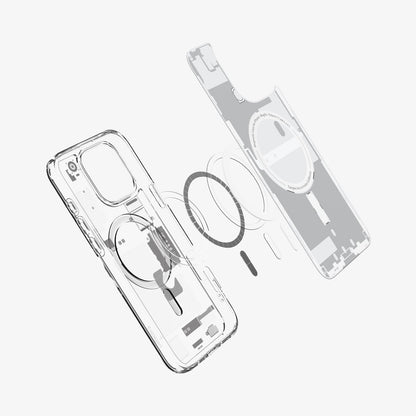 ACS08136 - iPhone 16 Pro Case Ultra Hybrid Zero One (MagFit) in Zero One White showing the inner soft layer hovering above the metal ring plate detached from the back
