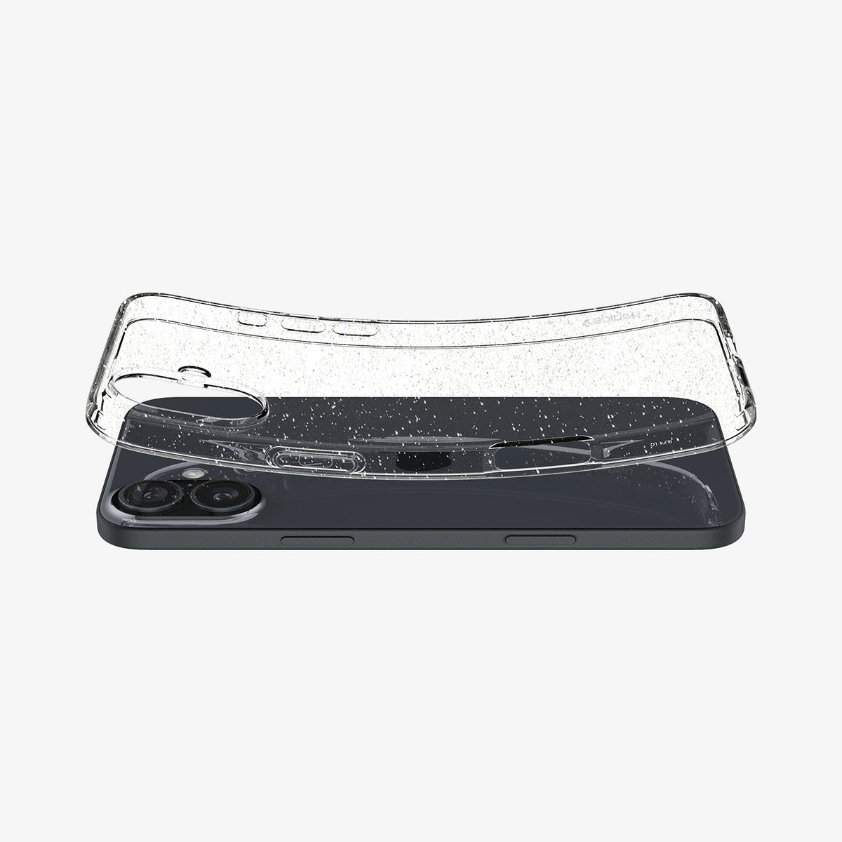 ACS08192 - iPhone 16 Case Liquid Crystal Glitter in Crystal Quartz showing the back, hovering above the device slightly lifted both ends of top and bottom of the case