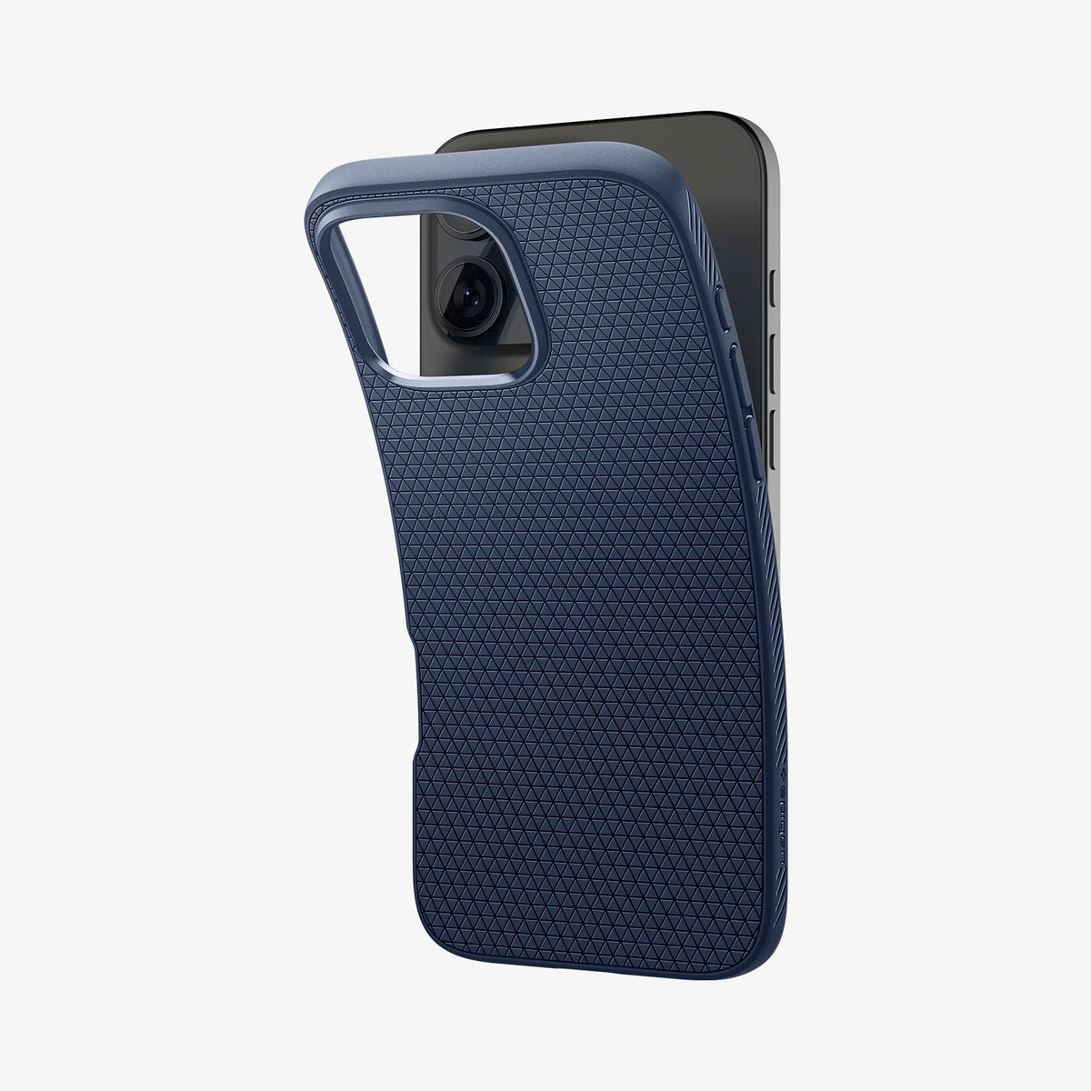 ACS07989 - iPhone 16 Pro Max Case Liquid Air in Navy Blue showing the back, partially peeled off from the device