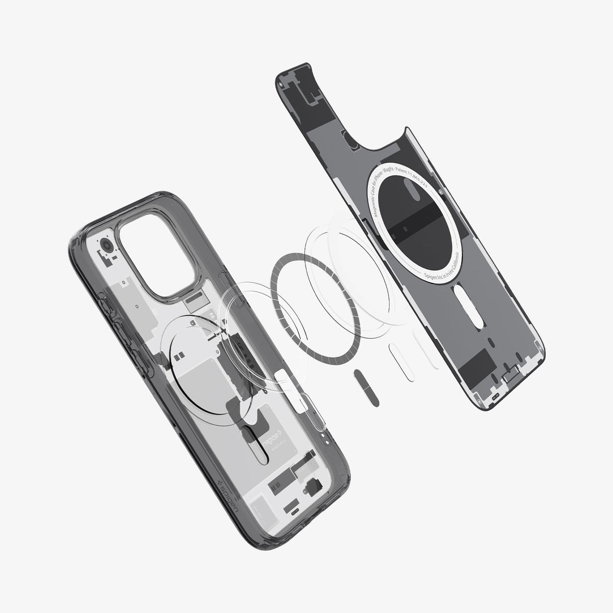 ACS08004 - iPhone 16 Pro Max Case Ultra Hybrid Zero One (MagFit) in Zero One showing the inner soft layer hovering above the metal ring plate detached from the back