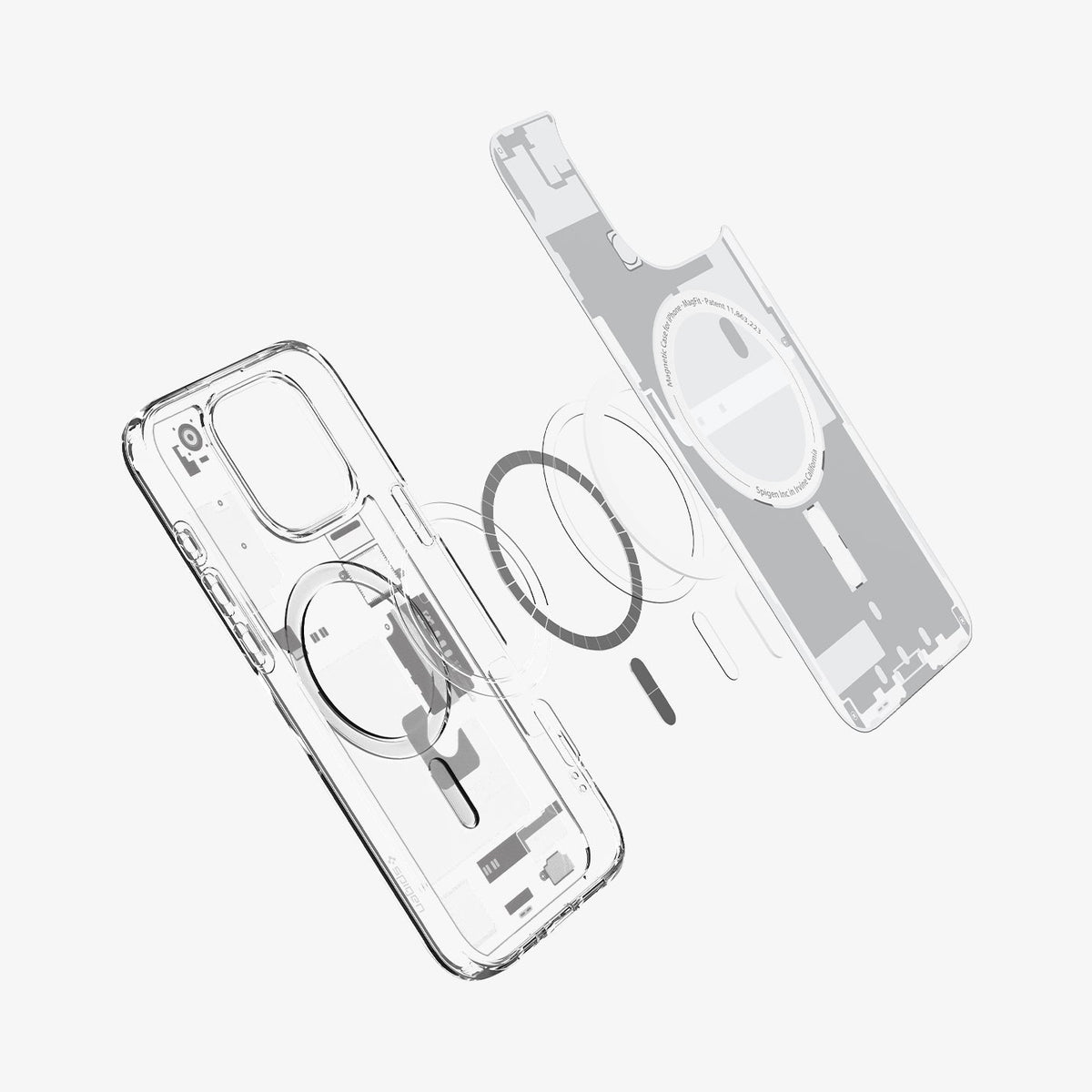 ACS08005 - iPhone 16 Pro Max Case Ultra Hybrid Zero One (MagFit) in Zero One White showing the inner soft layer hovering above the metal ring plate detached from the back