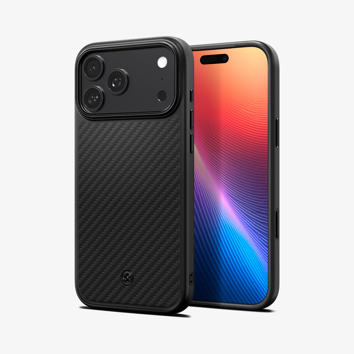 ACS09959 - iPhone 18 Pro / iPhone 17 Pro Enzo Aramid T (Mag Fit) Black Black showing front and back views highlighting the slim profile, textured finish, and precise button cutouts