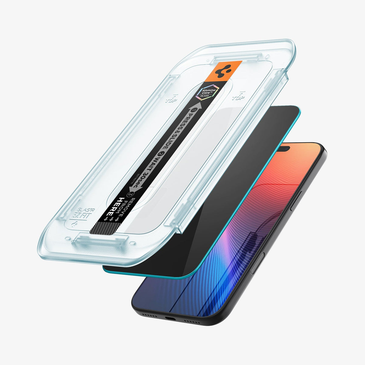 AGL07908 - iPhone 17 Pro Max GLAS.tR EZ Fit Privacy showing the installation tray hovering above the screen protector and the device