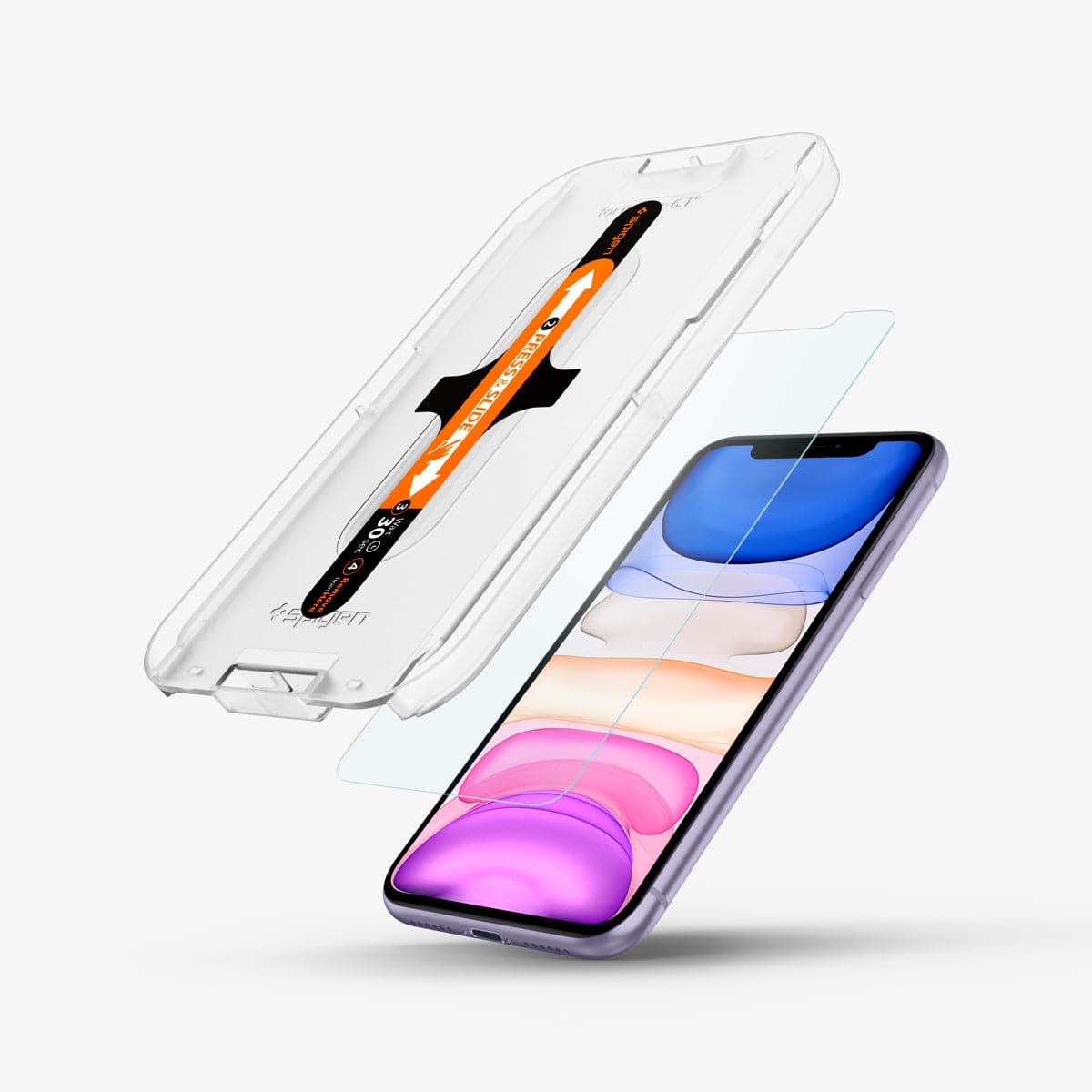 064GL25166 - iPhone XR Screen Protector GLAS.tR EZ Fit showing the ez fit tray and screen protector hovering in front of device