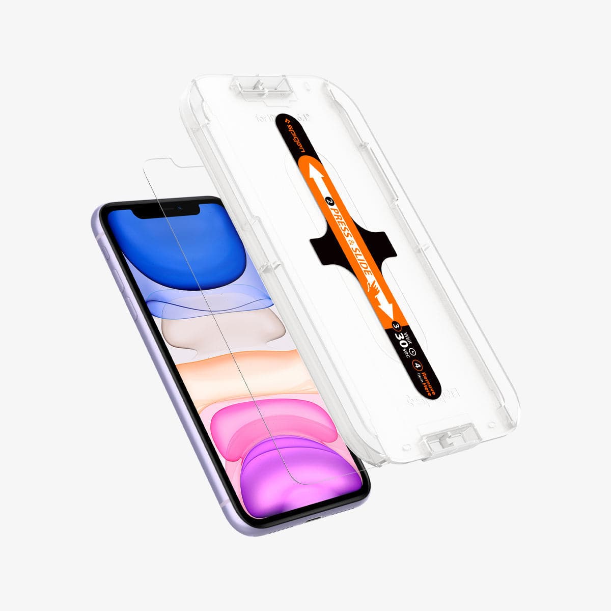 064GL25166 - iPhone XR Screen Protector GLAS.tR EZ Fit showing the ez fit tray and screen protector hovering in front of device
