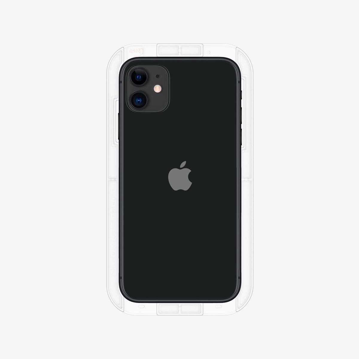 064GL25166 - iPhone XR Screen Protector GLAS.tR EZ Fit showing the back with ez fit tray installed onto device