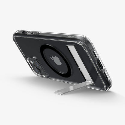ACS06666 - iPhone 15 Plus Case Ultra Hybrid S (MagFit) in black showing the back and bottom with device propped up by built in kickstand