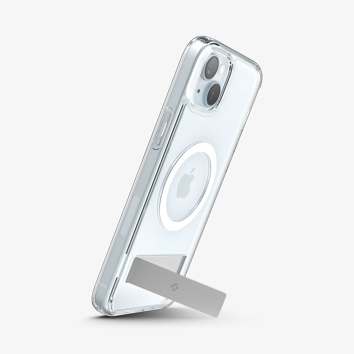 ACS06665 - iPhone 15 Plus Case Ultra Hybrid S (MagFit) in crystal clear showing the back and side with device propped up by built in kickstand