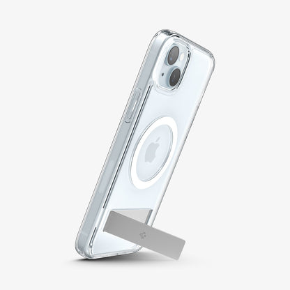 ACS06665 - iPhone 15 Plus Case Ultra Hybrid S (MagFit) in crystal clear showing the back and side with device propped up by built in kickstand