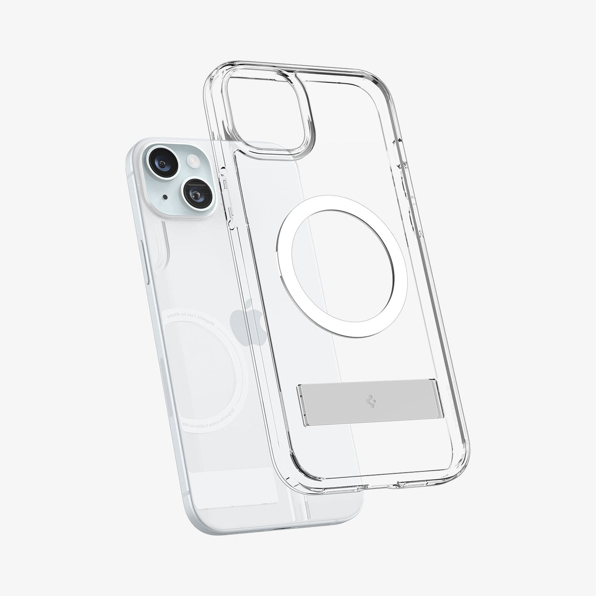 ACS06665 - iPhone 15 Plus Case Ultra Hybrid S (MagFit) in crystal clear showing the back with case hovering away from the device