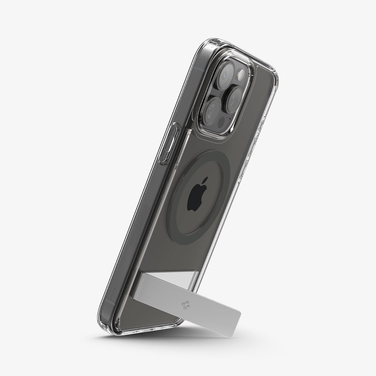 ACS06723 - iPhone 15 Pro Case Ultra Hybrid S (MagFit) in graphite showing the back and side with device propped up by built in kickstand