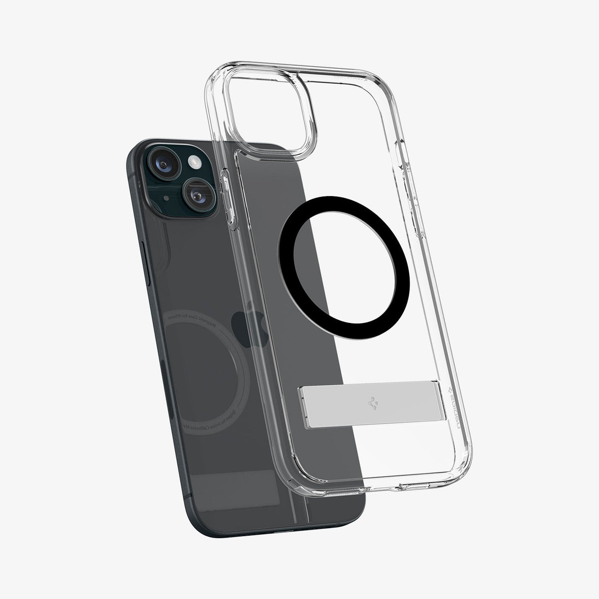 ACS06808 - iPhone 15 Case Ultra Hybrid S (MagFit) in black showing the back with case hovering away from the device