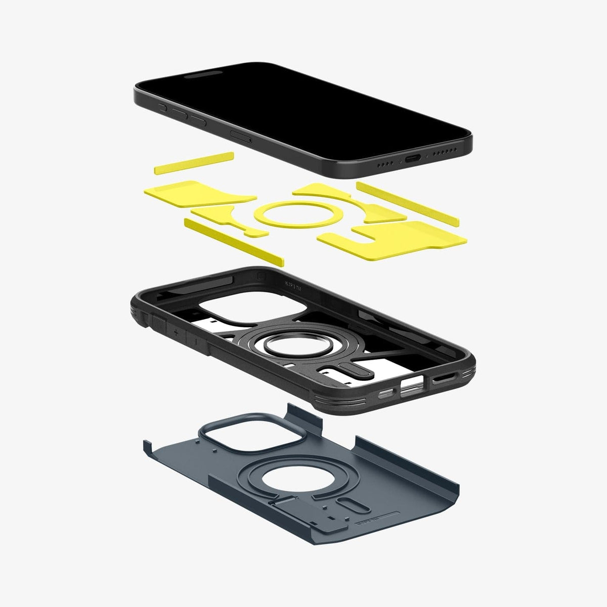 ACS06734 - iPhone 15 Pro Case Tough Armor (MagFit) in metal slate showing the hard pc, soft tpu, impact foam and device