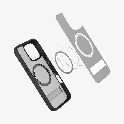 ACS08377 - iPhone 16 Pro Max Case Ultra Hybrid S (MagFit) in Frost Black showing the back cover detached, hovering in front of the magsafe ring metal plate and the case showing inner side