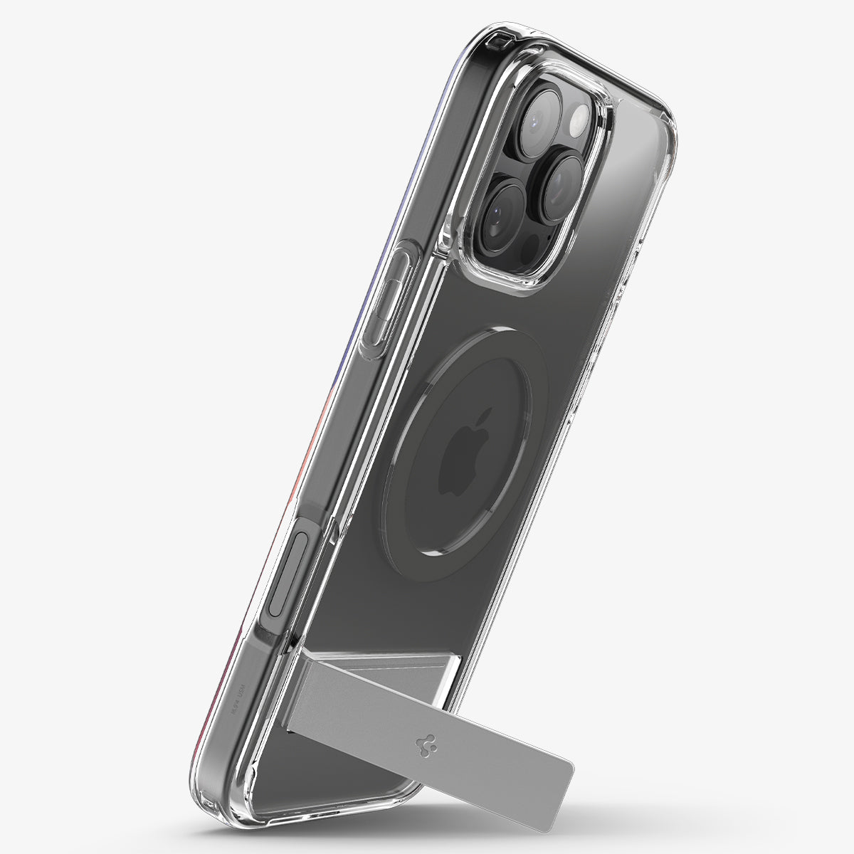 ACS08010 - iPhone 16 Pro Max Case Ultra Hybrid S (MagFit) in Graphite showing the back, partial side propped up with a built-in kickstand in portrait style